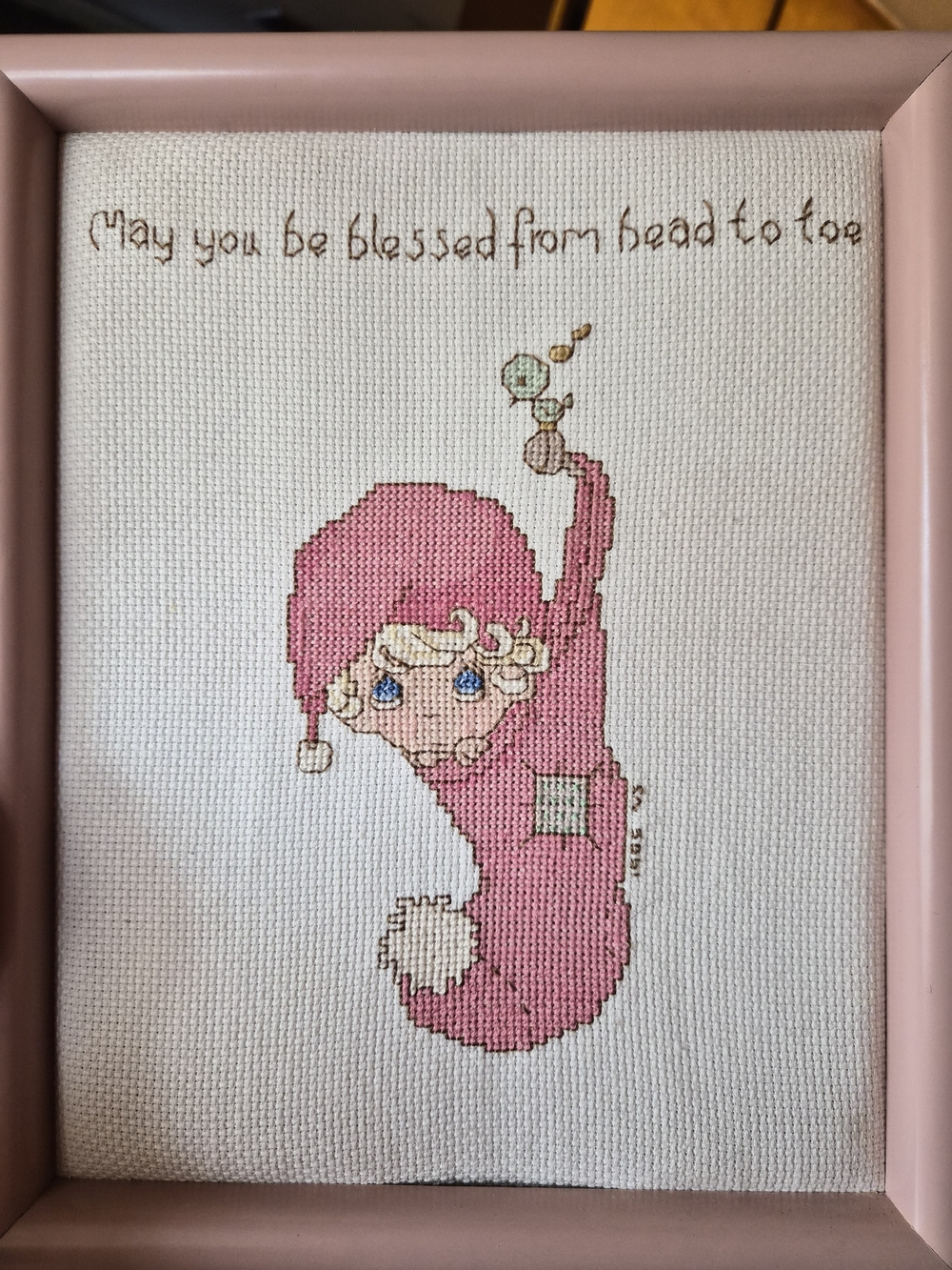 Pink Cross-Stitch Nursery Cottagecore - 'May You Be Blessed' Precious Moments